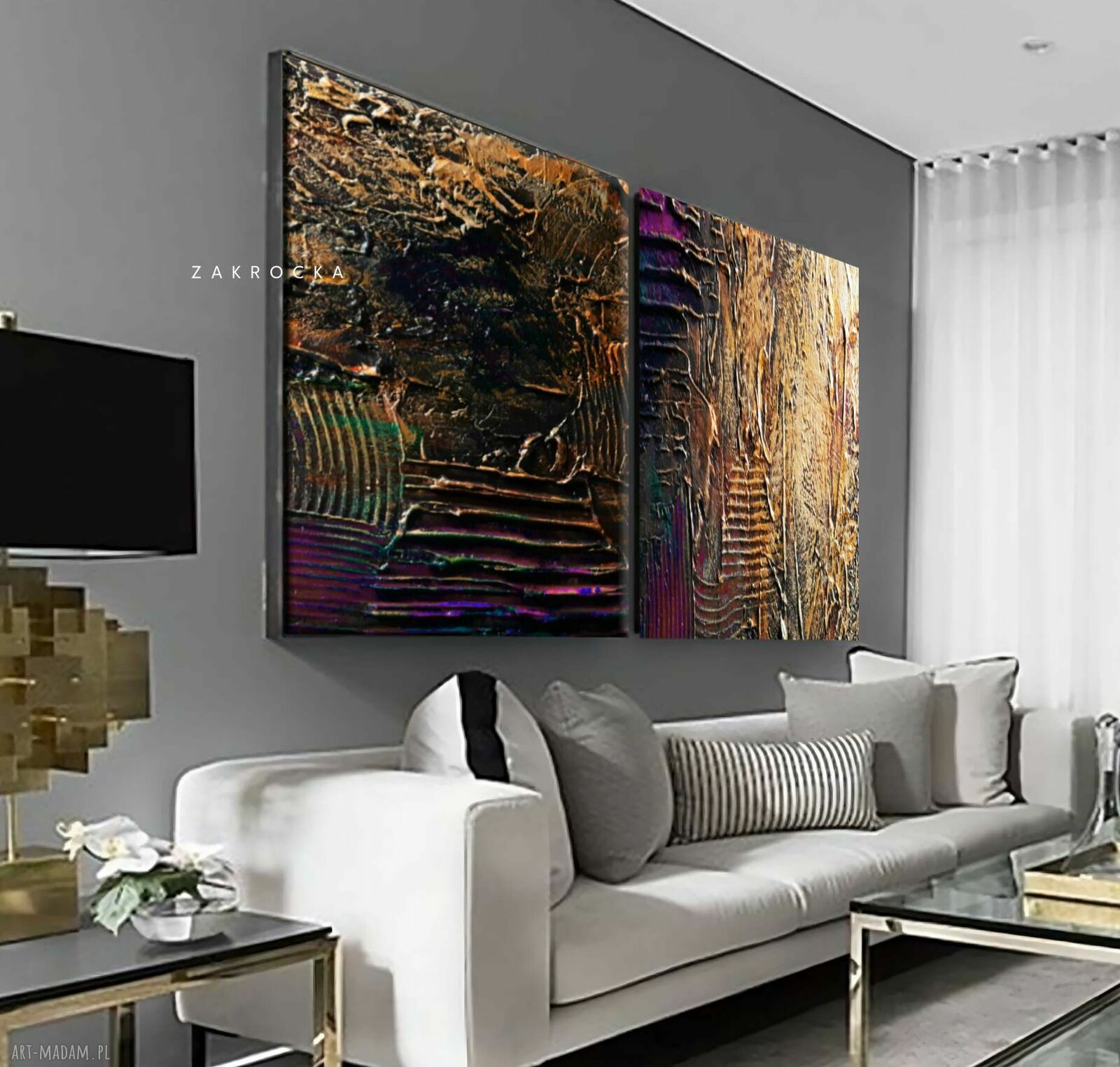Duży obraz strukturalny metaliczny dyptyk „Śliwka w złocie” 2 szt. 120 x 120 cm