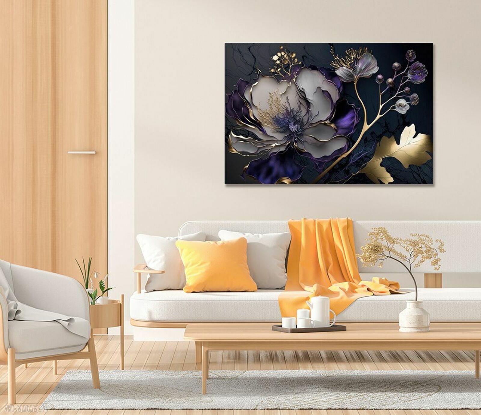 Duży obraz na ścianę Kwiat 69 fiolet złoto 120x80 - nowoczesny do salonu