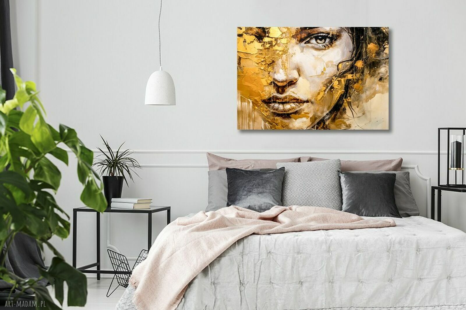 Duży obraz twarz kobiety 22 złoto beż premium canvas 120x80