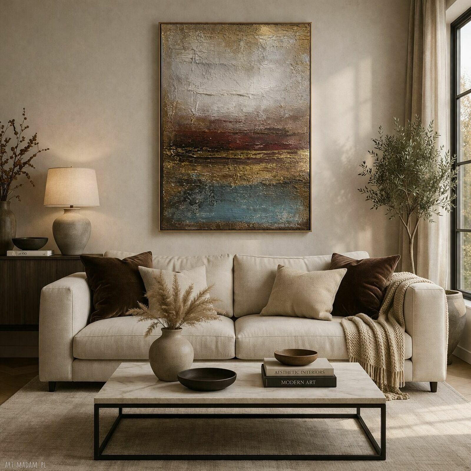 Duży obraz strukturalny ze złotem do salonu - Abstrakcja XXL 150x120 cm