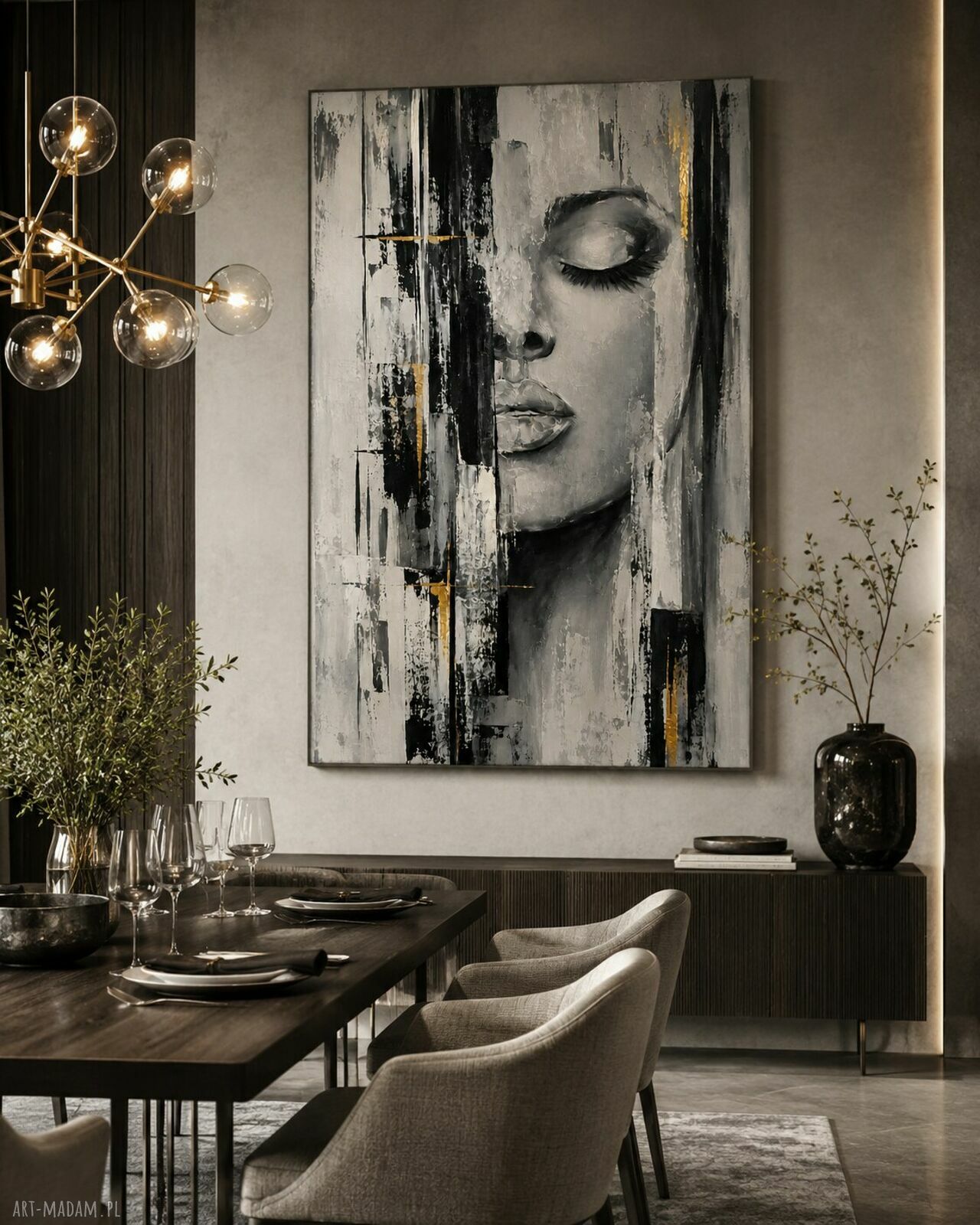Duży obraz olejny Kobieta XXL 100x180 cm - nowoczesna abstrakcja z delikatnym złotem