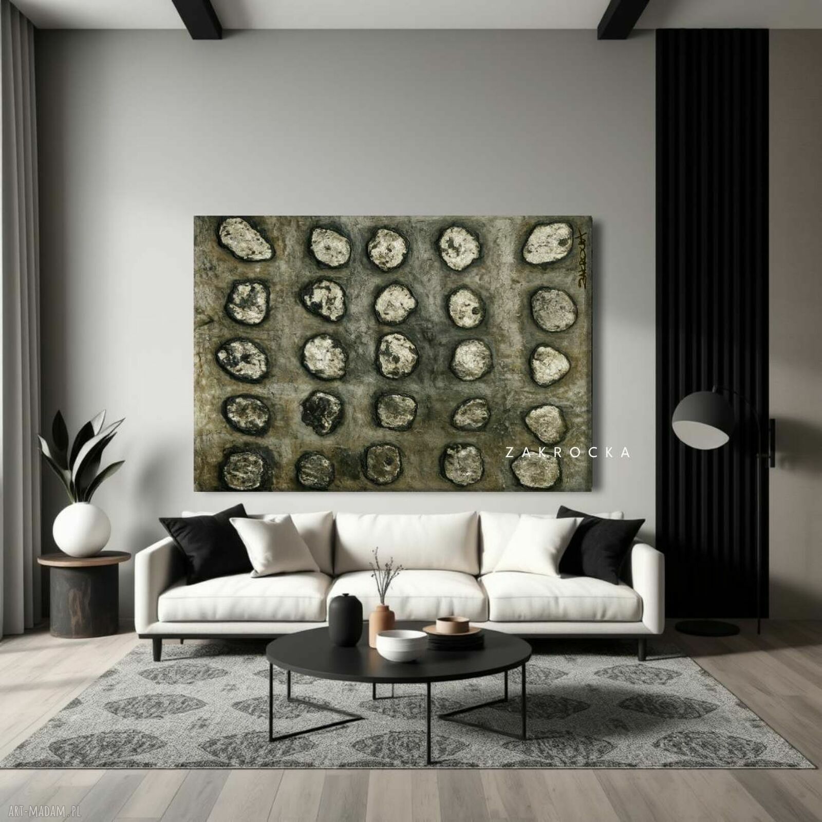 Duży obraz strukturalny 100x150 cm - metaliczna rzeźba brudne srebro do salonu