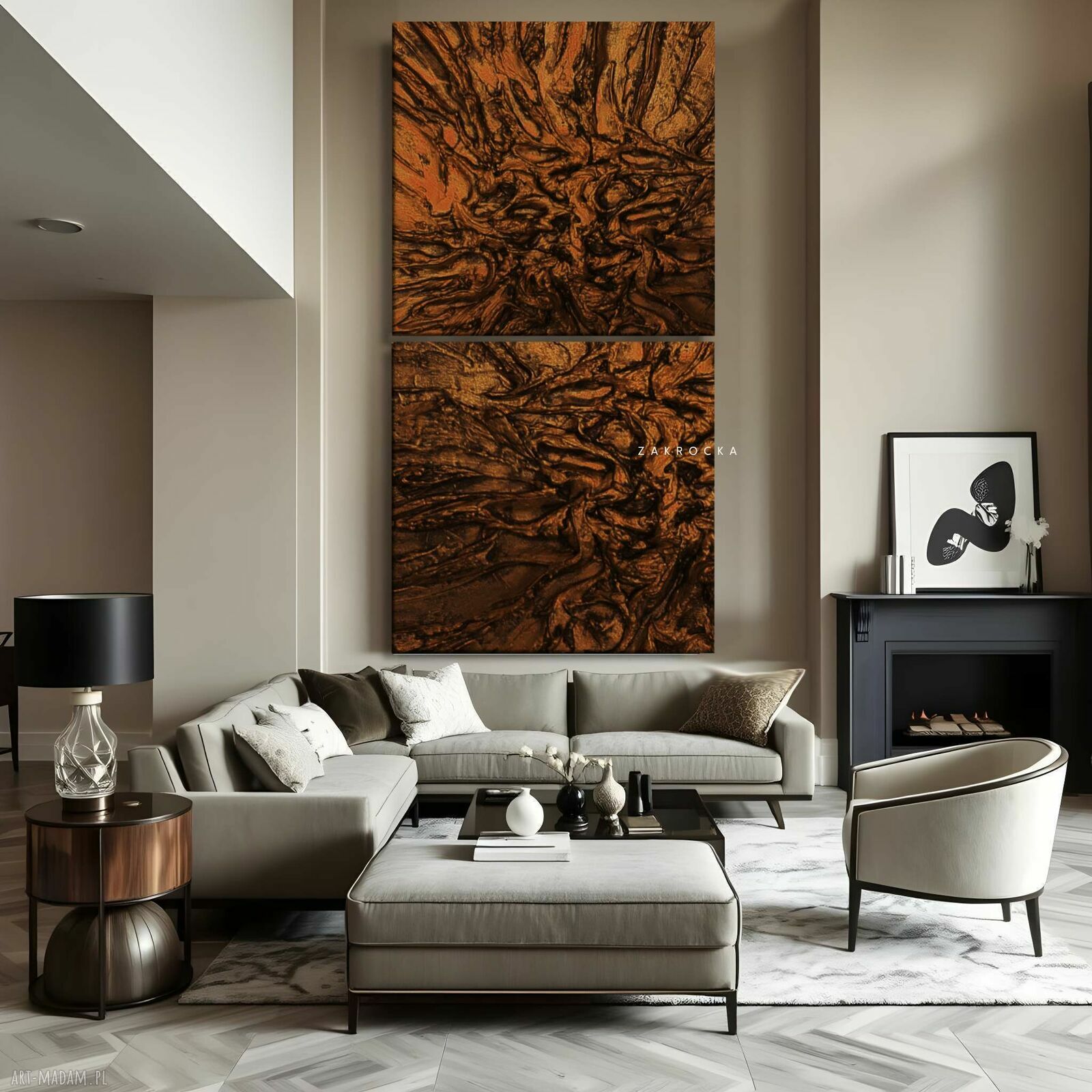 Duży obraz strukturalny dyptyk 2 części 100x100 cm - brązowa abstrakcja