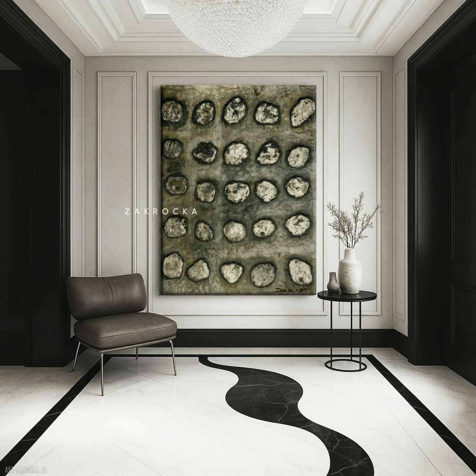 Duży obraz strukturalny 100x150 cm - metaliczna rzeźba brudne srebro do salonu