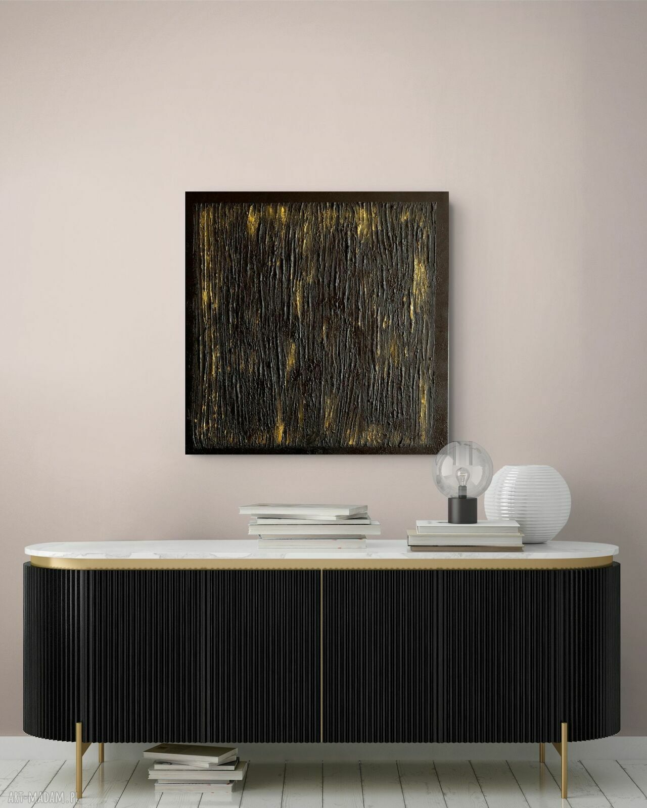 Duży obraz strukturalny 95x95 cm czarno-złoty do nowoczesnego wnętrza