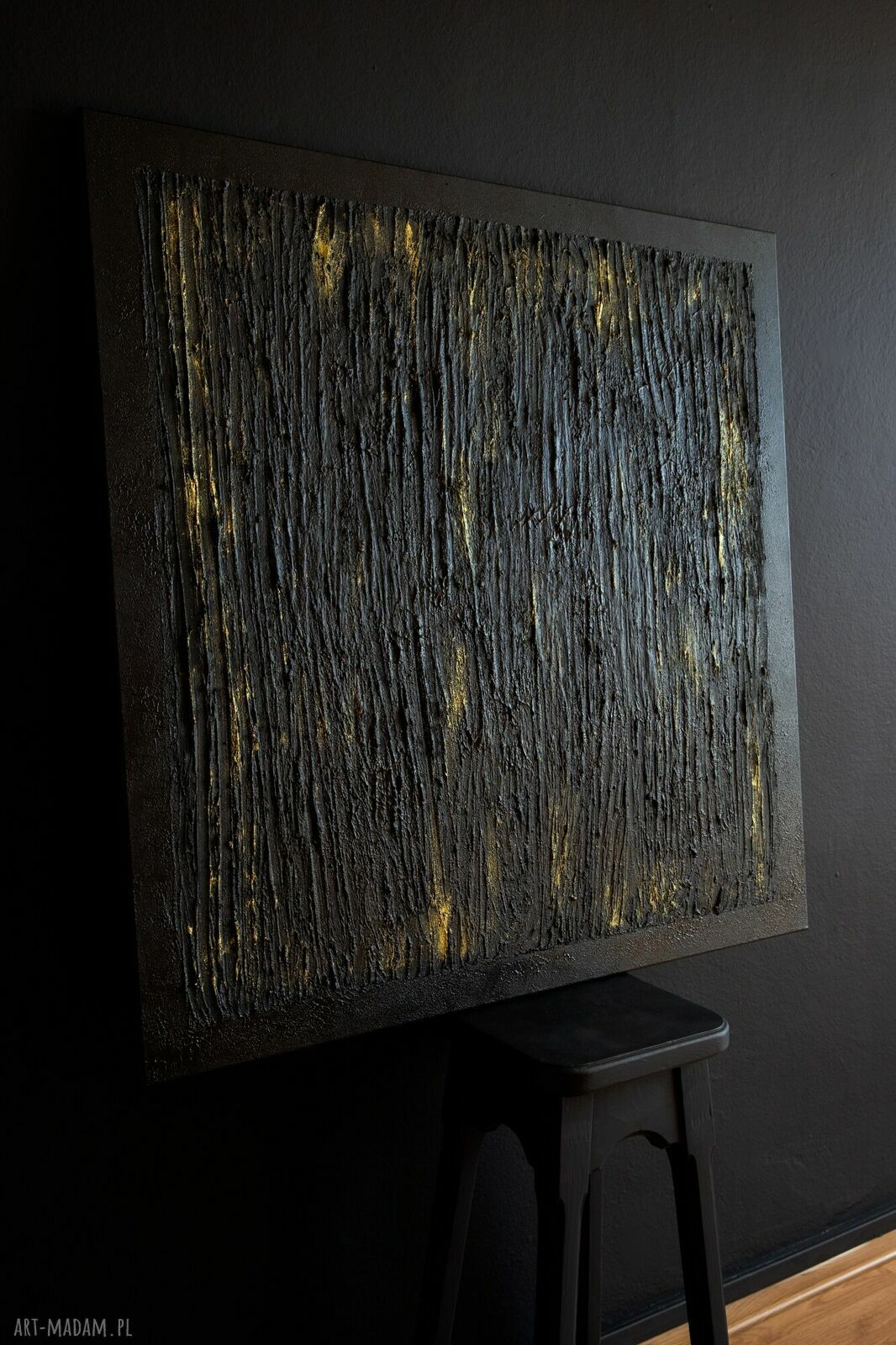 Duży obraz strukturalny 95x95 cm czarno-złoty do nowoczesnego wnętrza
