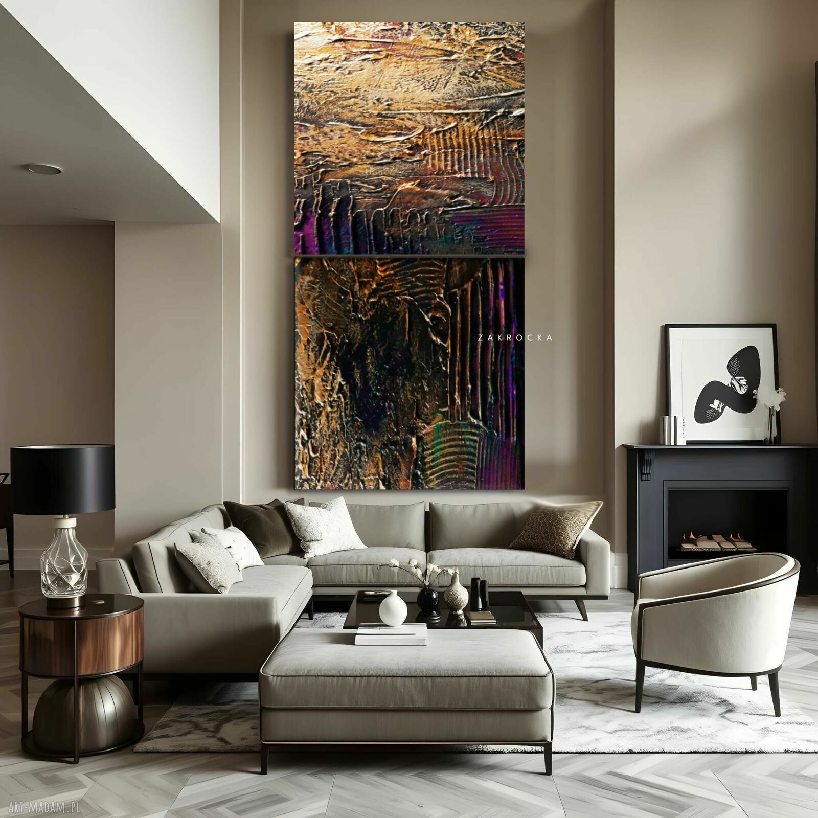 Duży obraz strukturalny metaliczny dyptyk „Śliwka w złocie” 2 szt. 120 x 120 cm