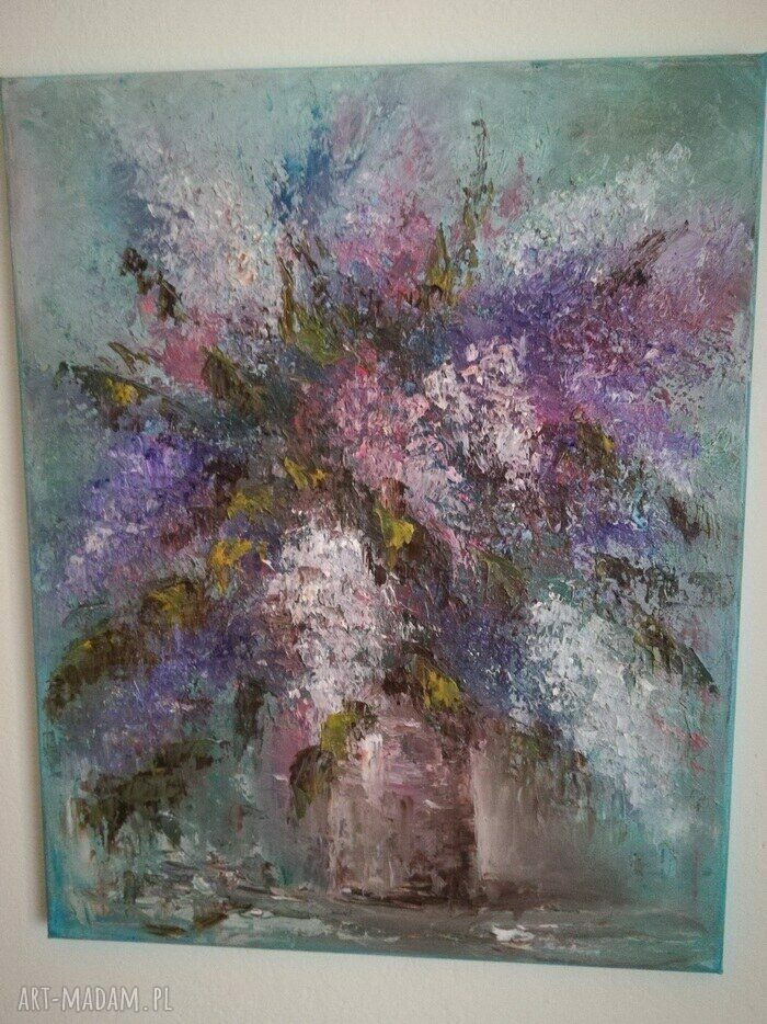 Oryginalny duży obraz olejny sygnowany 9 - kwiaty w niebiesko-fioletowej tonacji (40x50 cm)