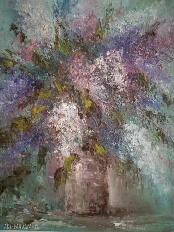 Oryginalny duży obraz olejny sygnowany 9 - kwiaty w niebiesko-fioletowej tonacji (40x50 cm)