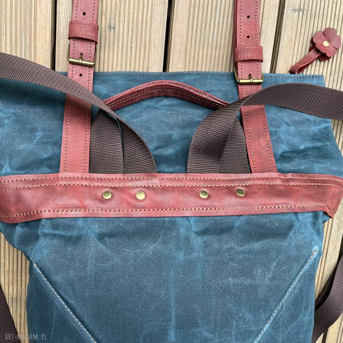 plecaki: Duży Plecak ze skóry i bawełny woskowanej niebiesko czerwony. autorskie