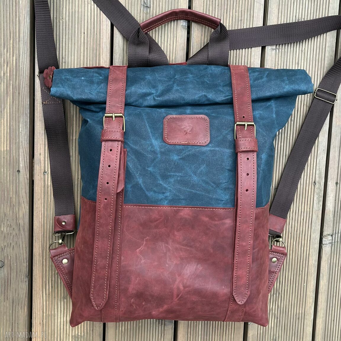 Duży plecak skóry bawełny woskowanej niebiesko czerwony vintage