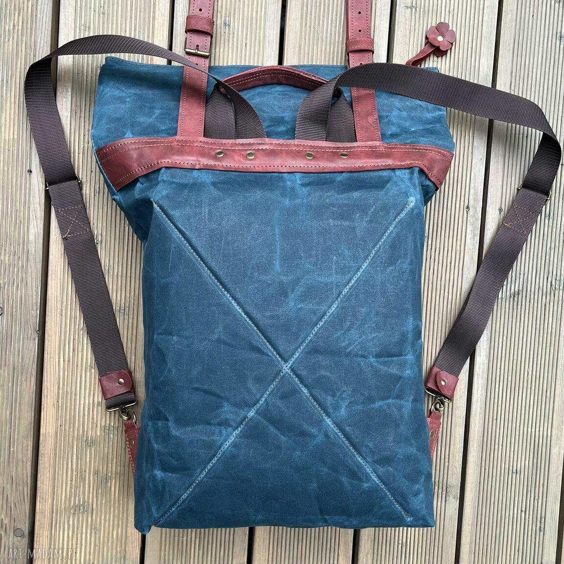 plecaki: Duży Plecak ze skóry i bawełny woskowanej niebiesko czerwony. autorskie