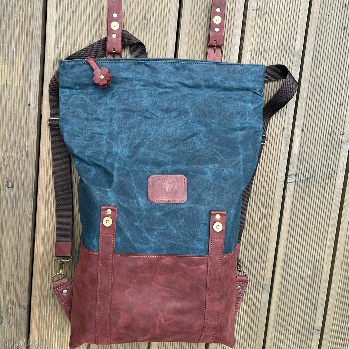 plecaki: Duży Plecak ze skóry i bawełny woskowanej niebiesko czerwony. autorskie