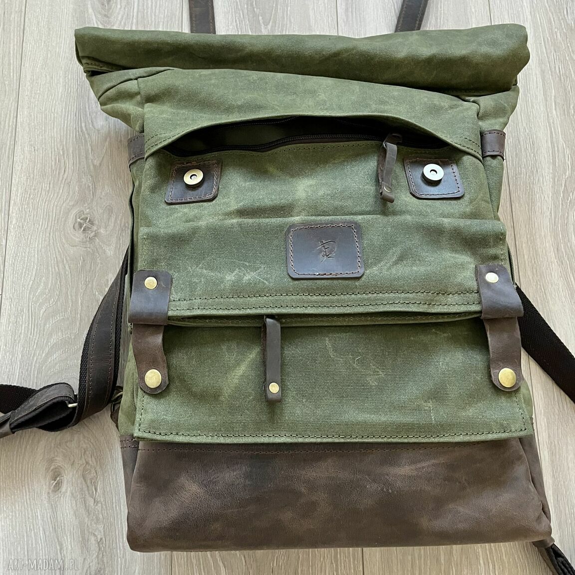 plecaki: Duży plecak ze skóry i bawełny woskowanej zielono brązowy. Vintage. HandMade