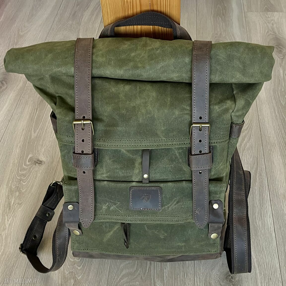 plecaki: Duży plecak ze skóry i bawełny woskowanej zielono brązowy. Vintage. HandMade