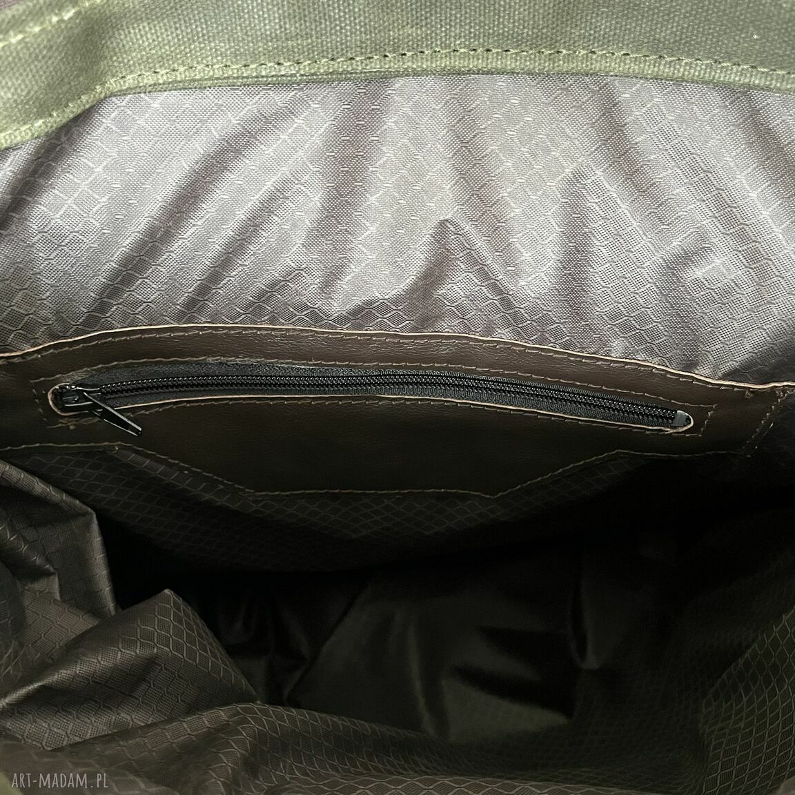 plecaki: Duży plecak ze skóry i bawełny zielono brązowy vintage. ręcznie wykonane