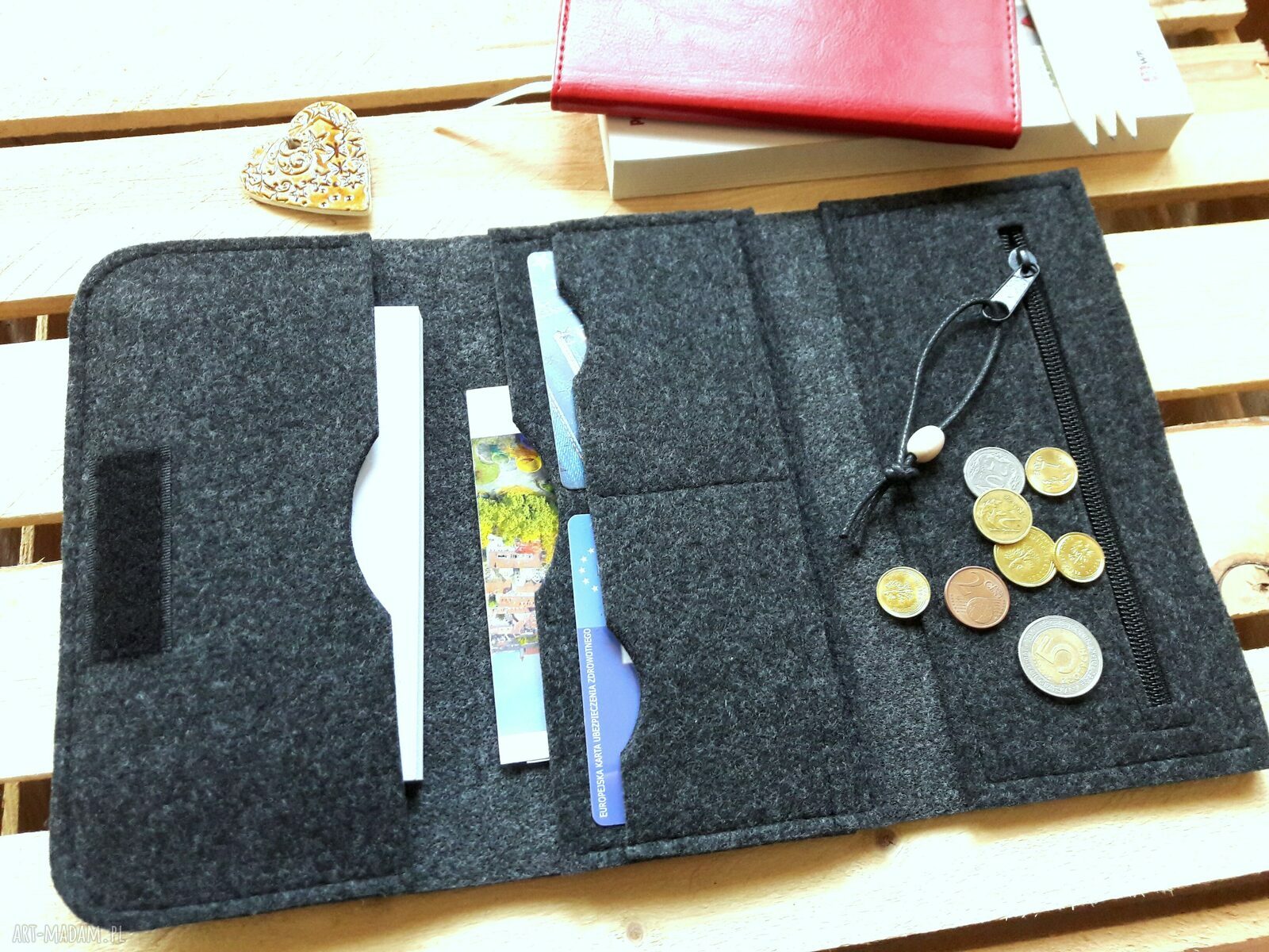 Duży portfel z kotkiem z filcu - handmade