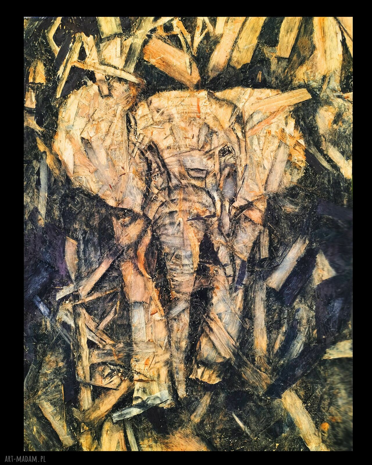 Duży obraz „Słoń” malowany węglem na płycie OSB (83 x 62 cm)