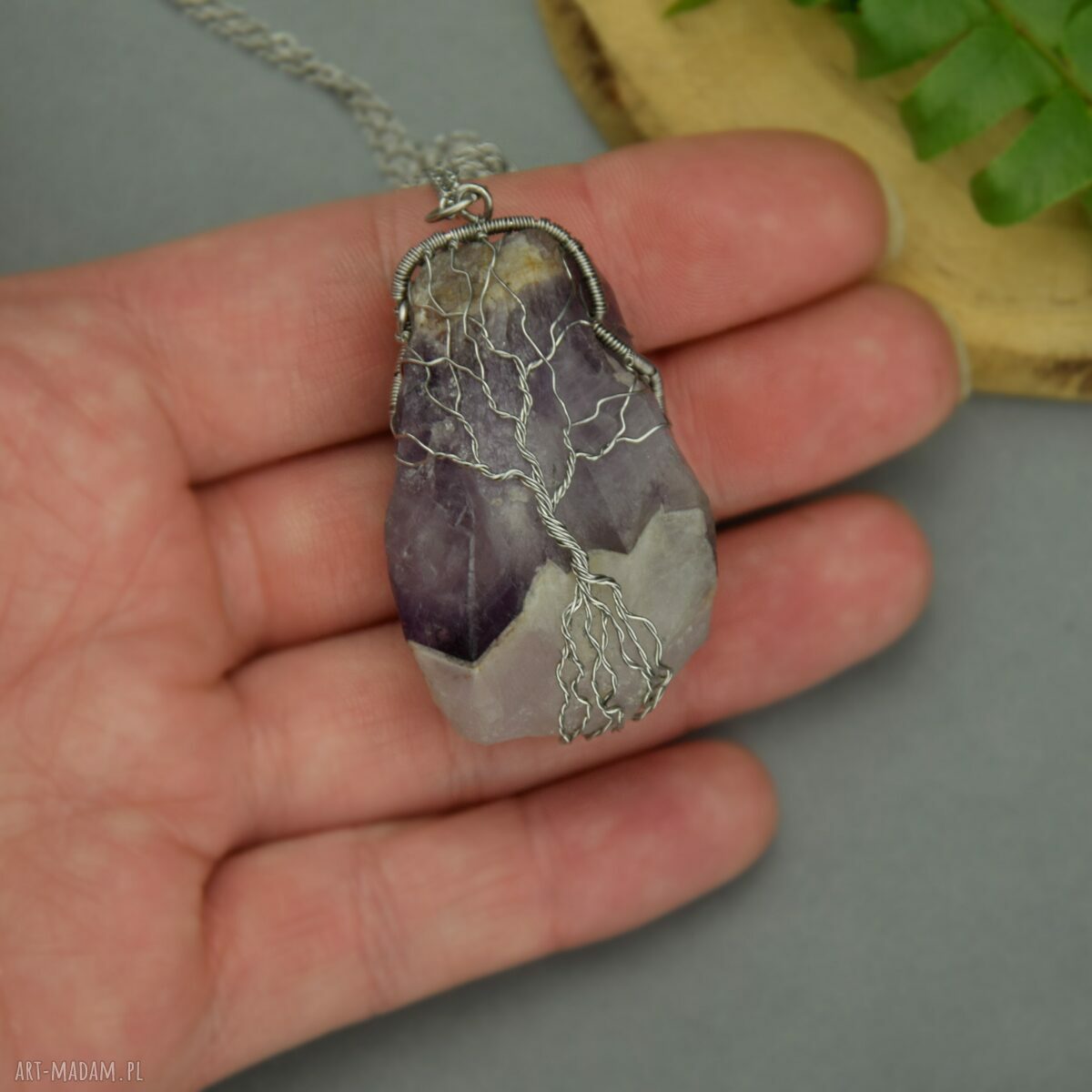 Duży wisior Drzewo Życia - ametyst Chevron z kwarcem w wire wrapping