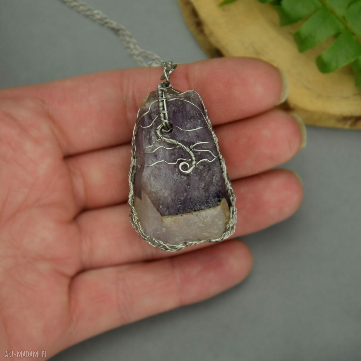 Duży wisior Drzewo Życia - ametyst Chevron z kwarcem w wire wrapping