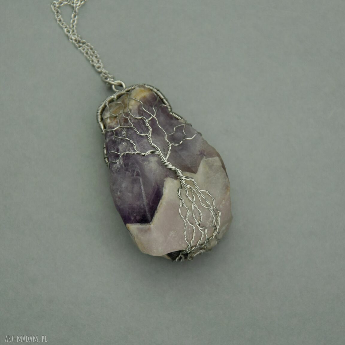 Duży wisior Drzewo Życia - ametyst Chevron z kwarcem w wire wrapping