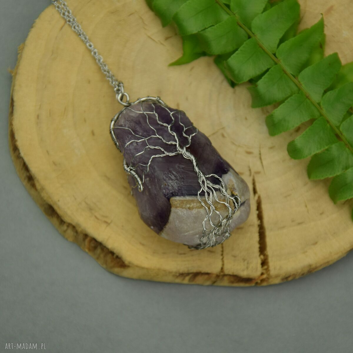 Duży wisior Drzewo Życia - ametyst Chevron z kwarcem w wire wrapping