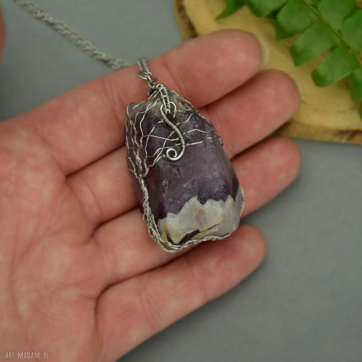 Duży wisior Drzewo Życia - ametyst Chevron z kwarcem w wire wrapping