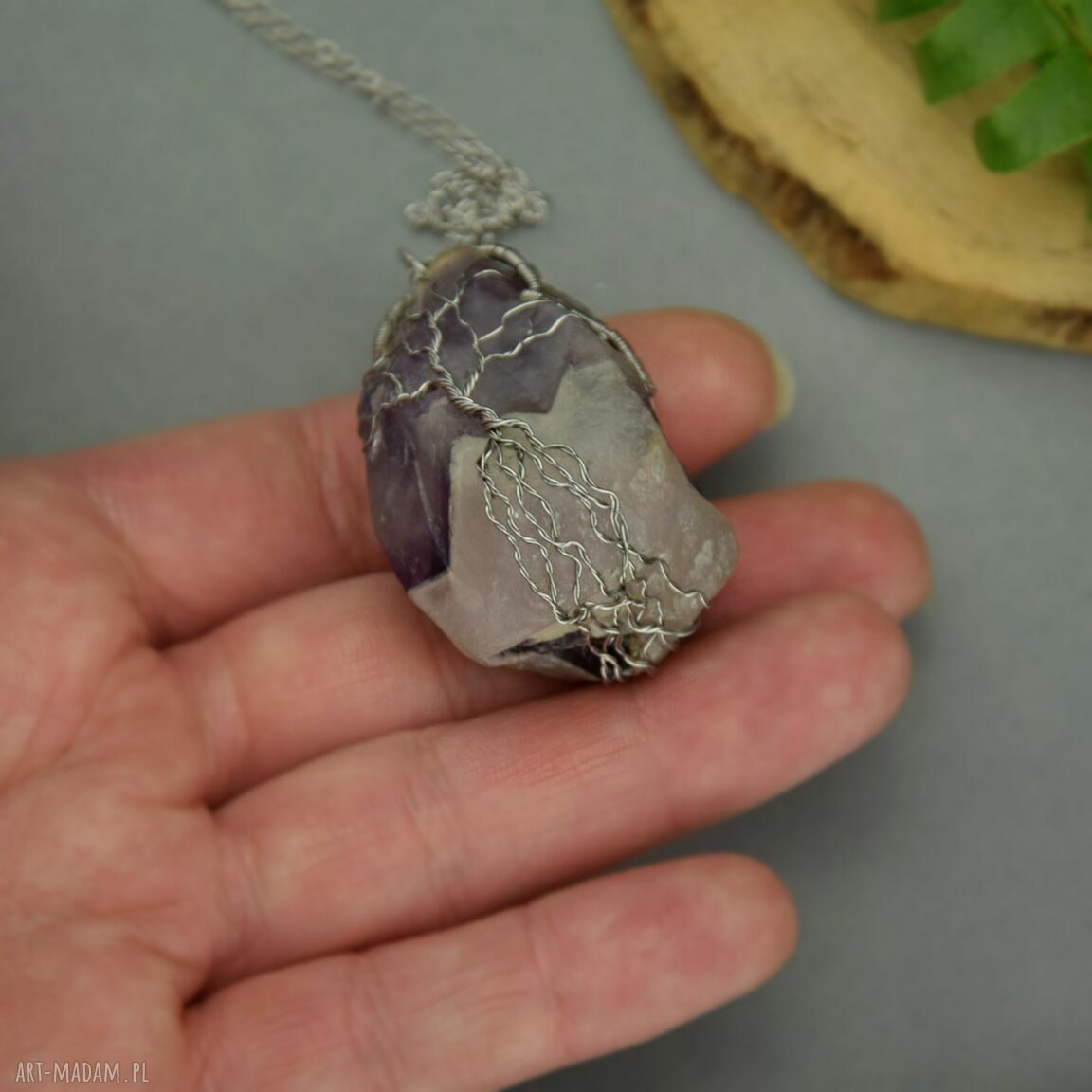 Duży wisior Drzewo Życia - ametyst Chevron z kwarcem w wire wrapping