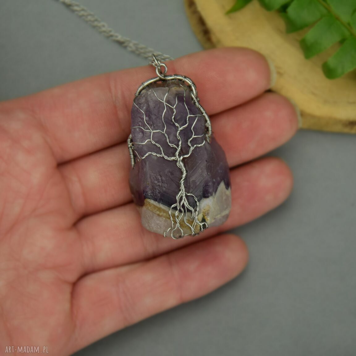 Duży wisior Drzewo Życia - ametyst Chevron z kwarcem w wire wrapping
