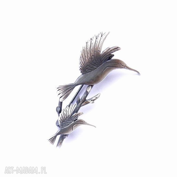Broszka srebrna 925 Dwa Kolibry na gałązce