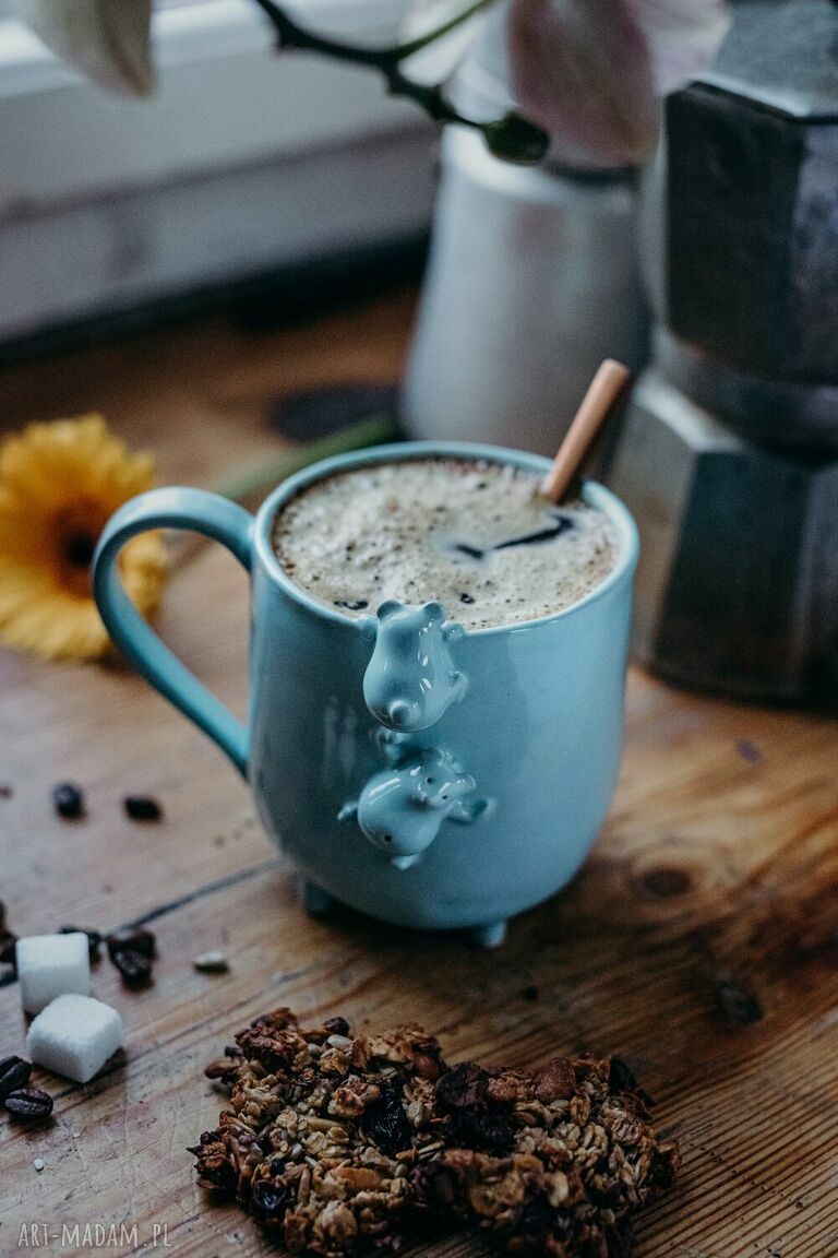 Kubek ceramiczny miętowy z dwoma misiami - 400 ml - rękodzieło Lamabo