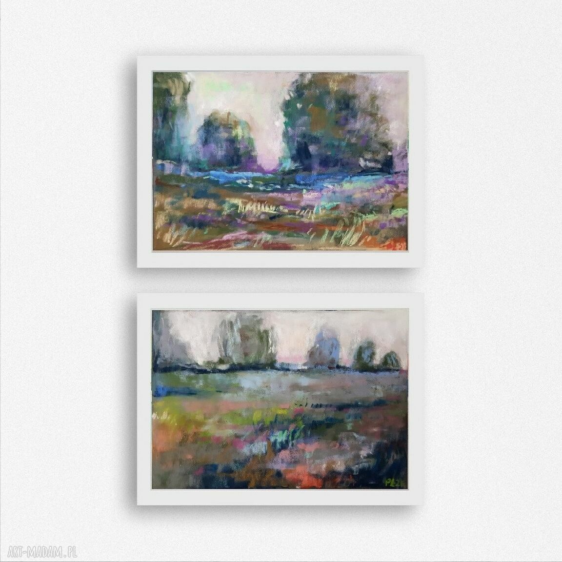Dwa pejzaże wykonane pastelami - komplet 2 obrazów 18x24 cm