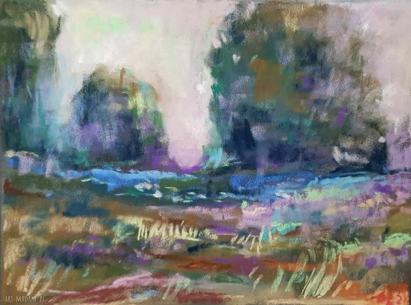 Dwa pejzaże wykonane pastelami - komplet 2 obrazów 18x24 cm