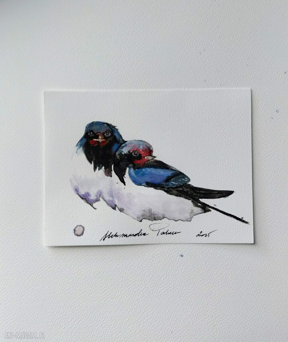 Dwie jaskółki - akwarela ptaki na papierze 250 g, 12 x 16 cm