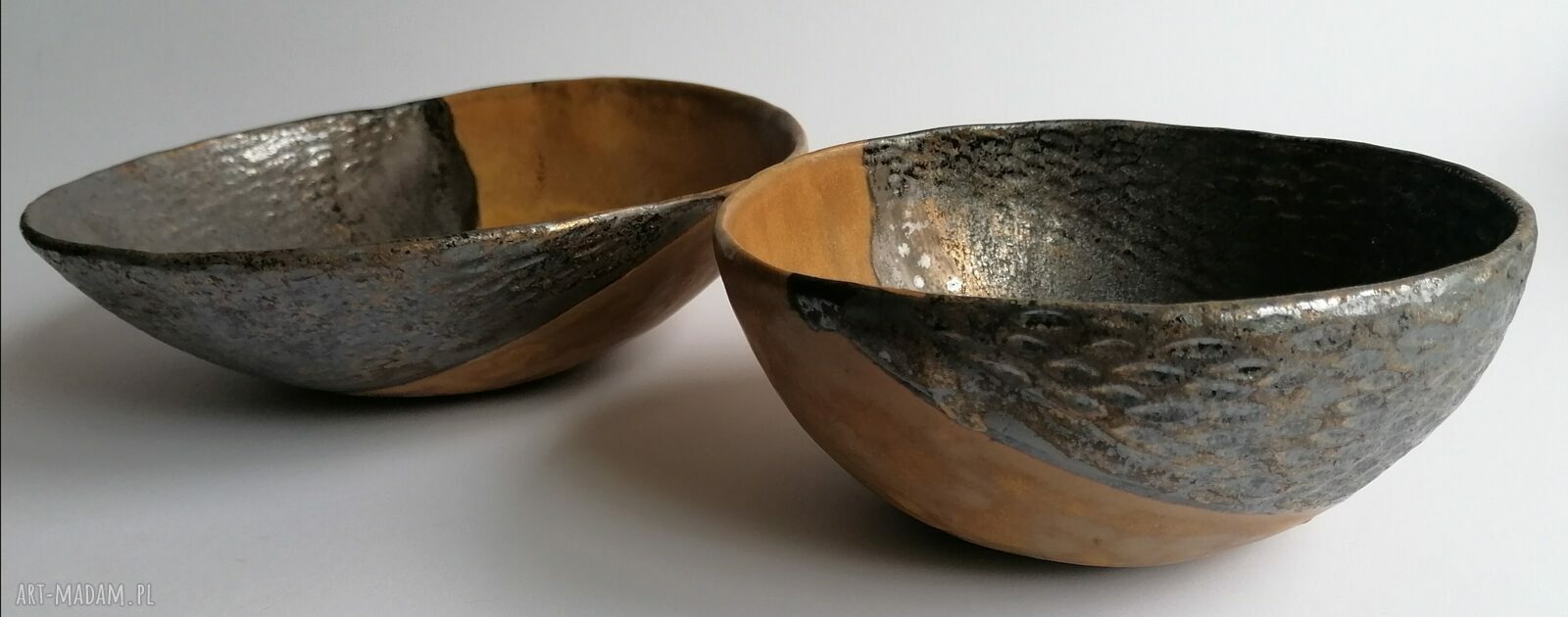 Dwie misy ceramiczne na bogato - miedź, złoto i srebro