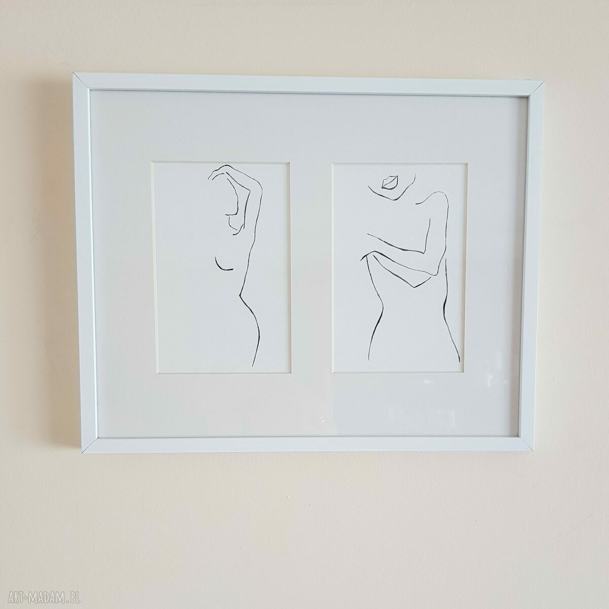 Dwie postacie w ramie 24/30 cm - komplet obrazów z tuszu na papierze akwarelowym