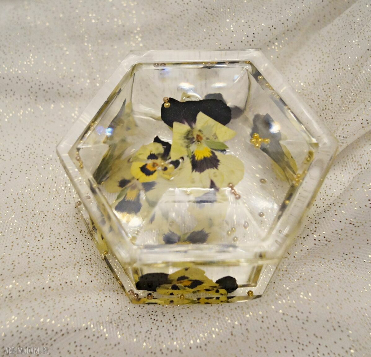 Puzderko złoty brąz pudełko biżuterię kwiatów żywicy dwubarwny