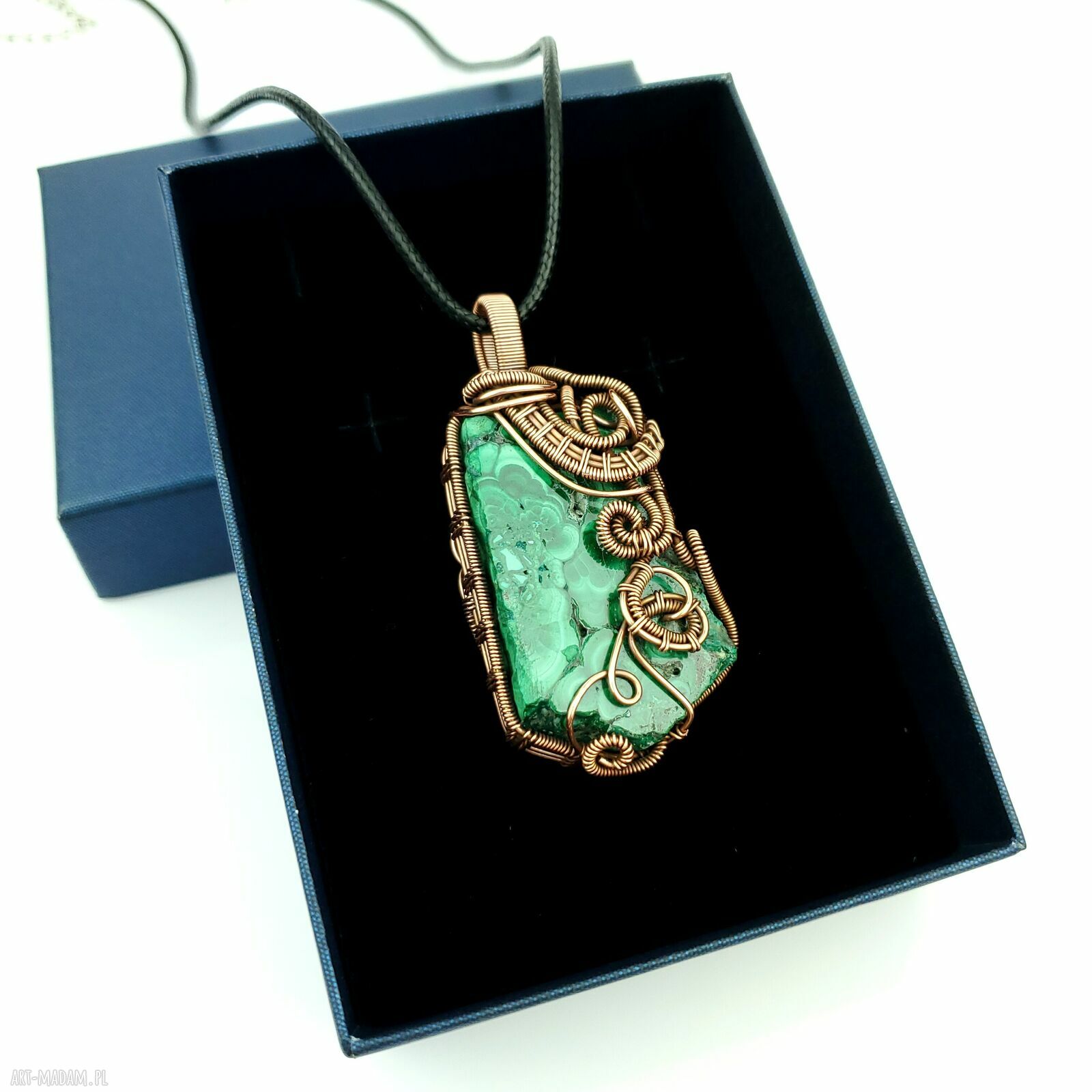 Dwustronny wisior z malachitem - miedziany wire wrapping