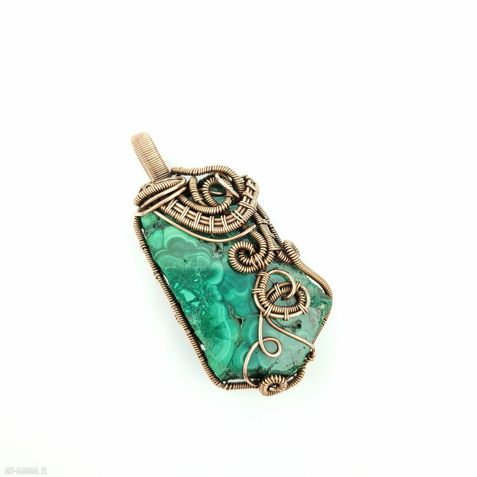 Dwustronny wisior z malachitem - miedziany wire wrapping