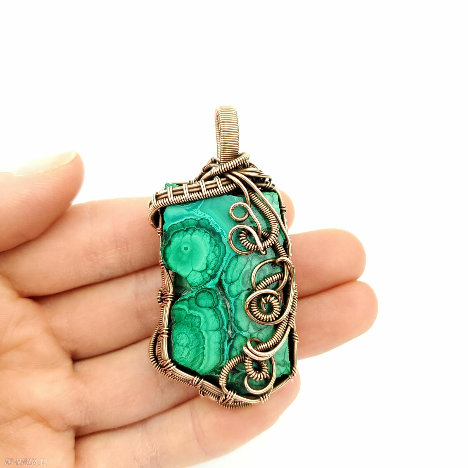 Dwustronny wisior z malachitem - miedziany wire wrapping
