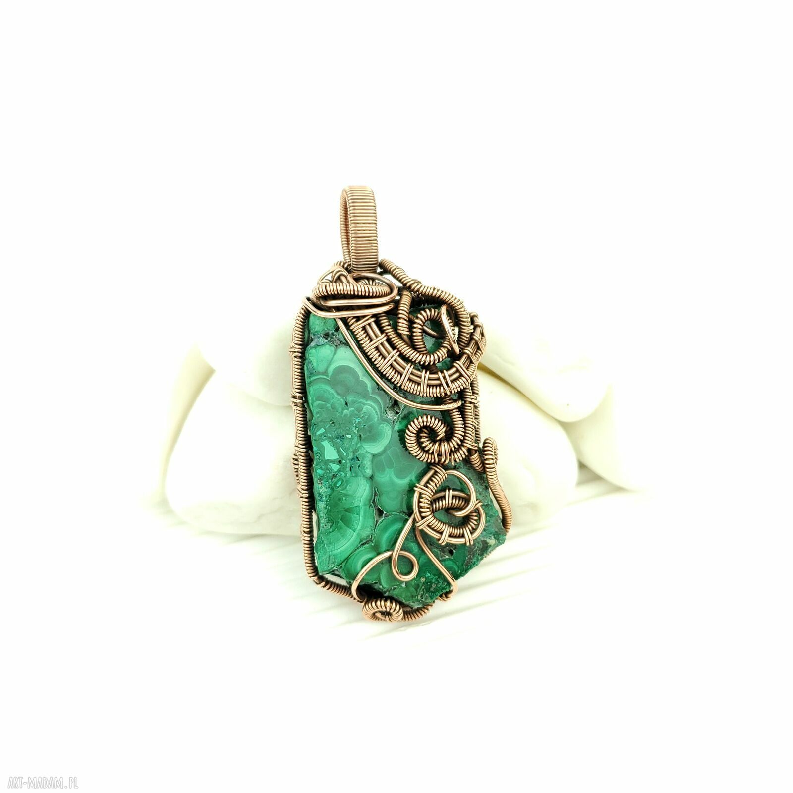Dwustronny wisior z malachitem - miedziany wire wrapping