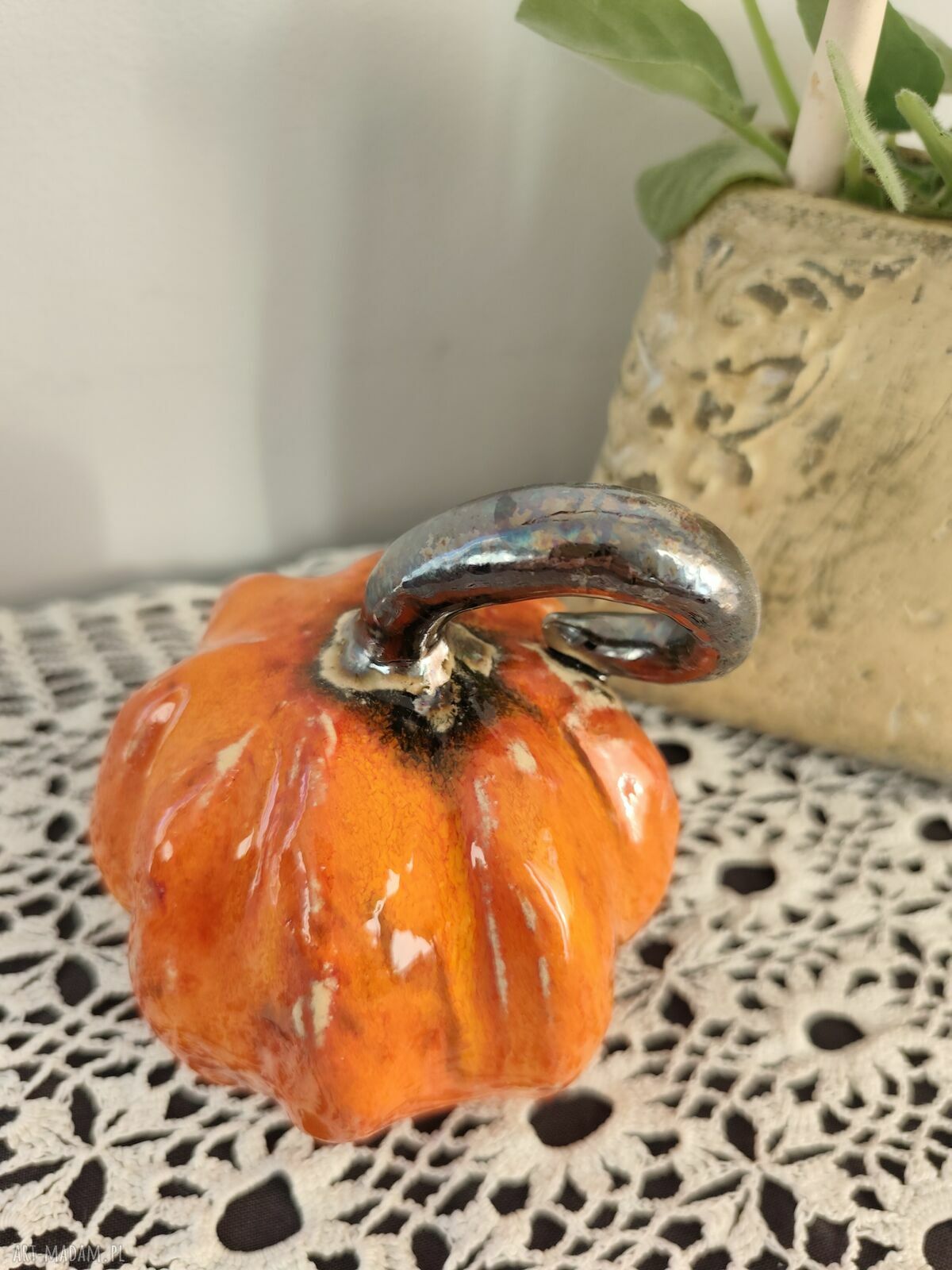 Dynia ceramiczna z ogonkiem 12 cm - jesienna ozdoba handmade