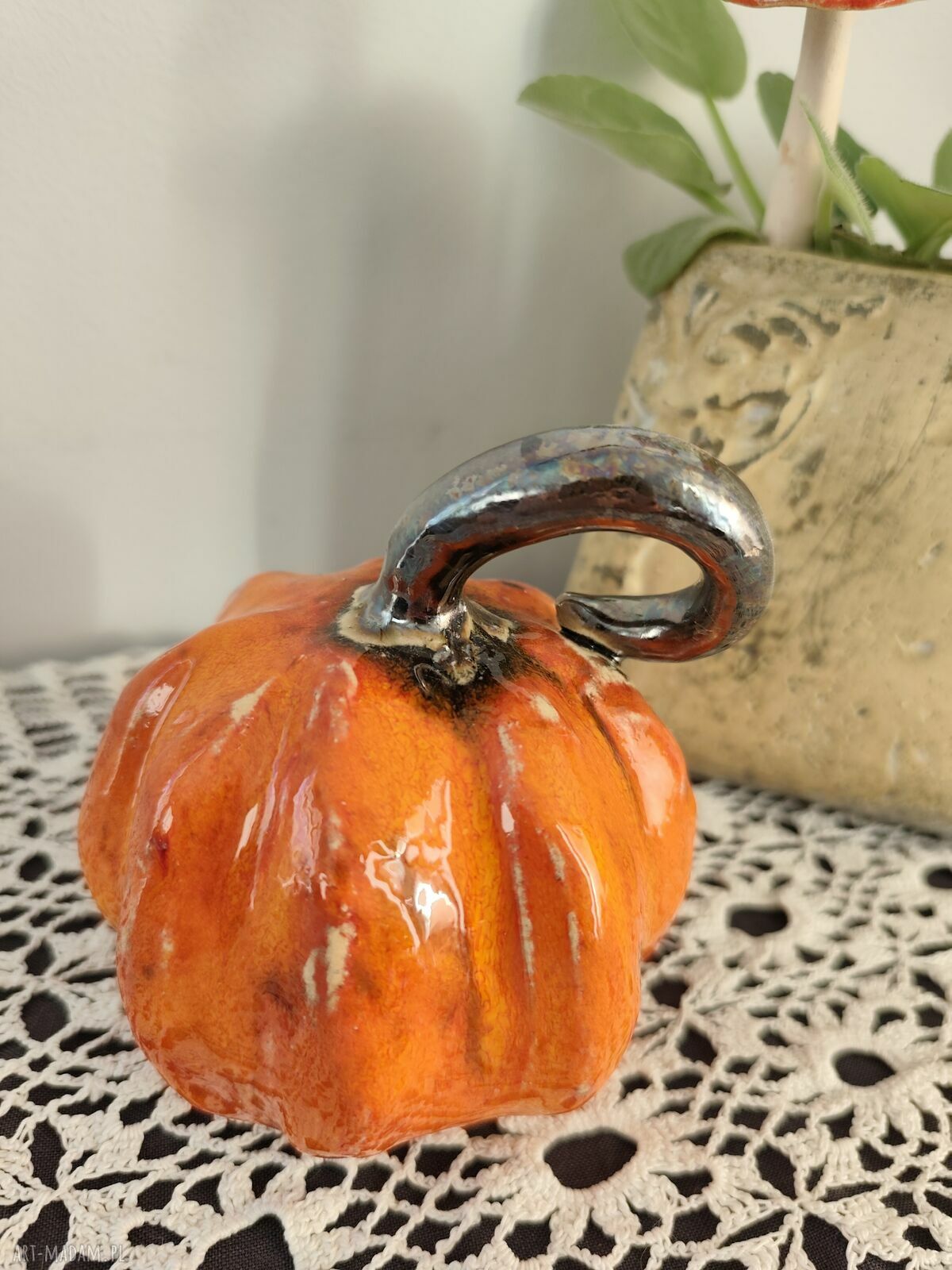Dynia ceramiczna z ogonkiem 12 cm - jesienna ozdoba handmade