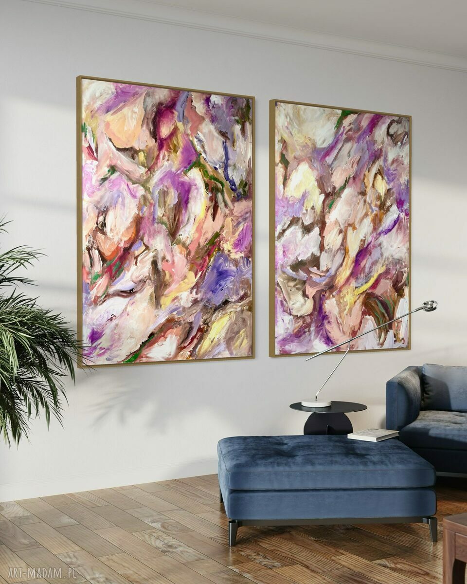 Różowy dyptyk abstrakcyjny 100x70 cm do salonu - by Ferens