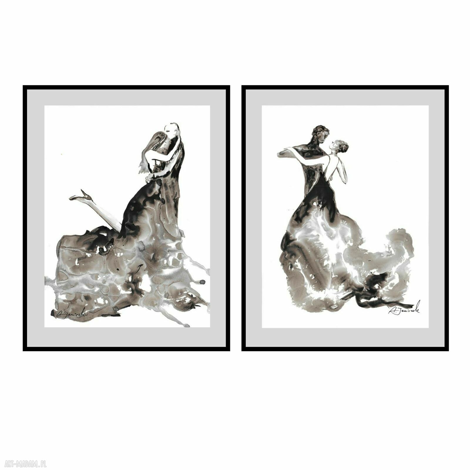 Dyptyk „Dance” malowany ręcznie czarnym tuszem - 2 x 40 x 30 cm