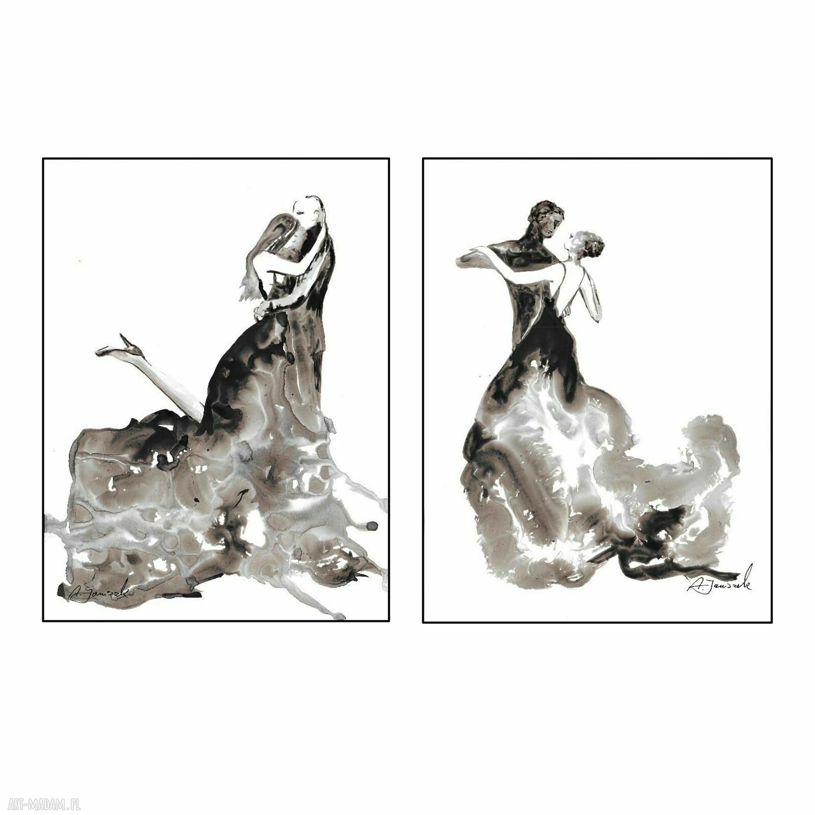Dyptyk „Dance” malowany ręcznie czarnym tuszem - 2 x (40 x 30 cm)