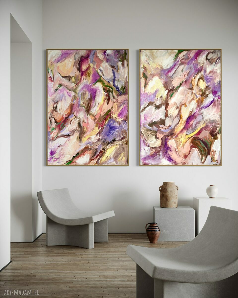 Różowy dyptyk abstrakcyjny 100x70 cm do salonu - by Ferens