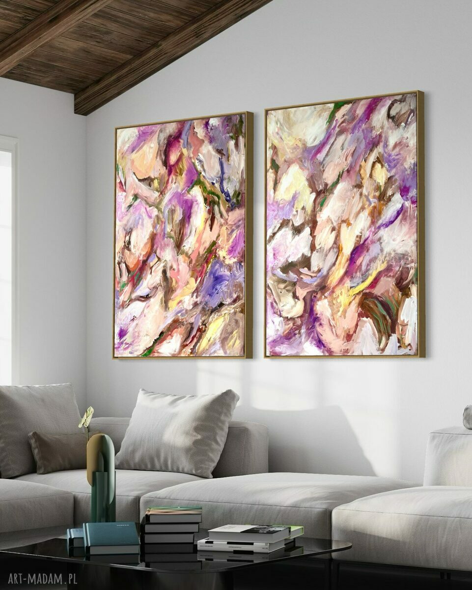 Różowy dyptyk abstrakcyjny 100x70 cm do salonu - by Ferens
