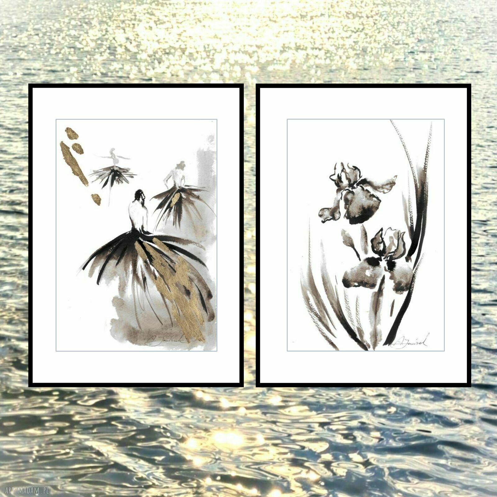 Dyptyk „Obecność” - ręcznie malowane i złocone grafiki 21 x 30 cm