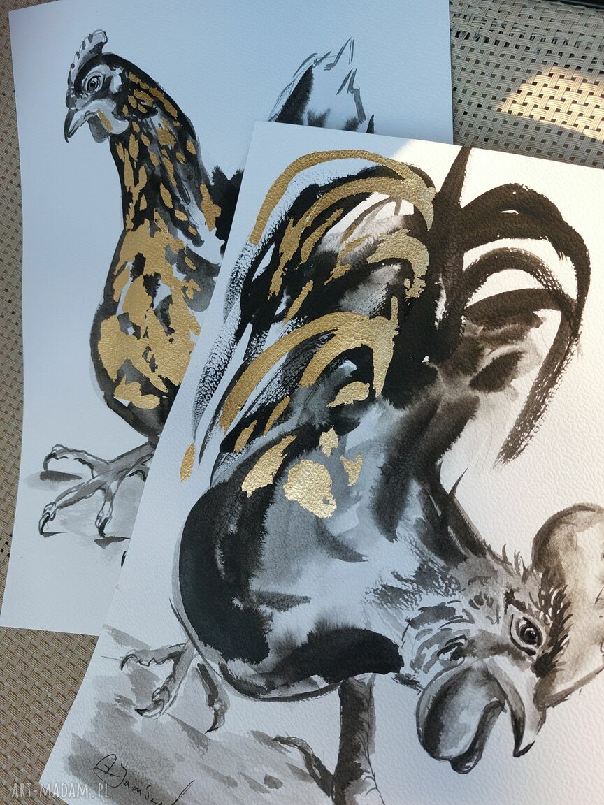 Dyptyk "Para z pazurem" - ręcznie malowany, złocony kogut i kura (2 x 21 x 30 cm)